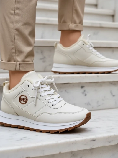 Royalfashion Alba Ženski topli športni copati iz belega ekološkega usnja na platformi