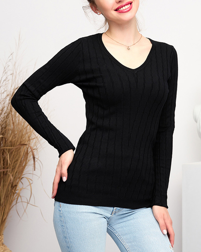 Royalfashion Sweter damski z dekoltem w serek w kolorze czarnym