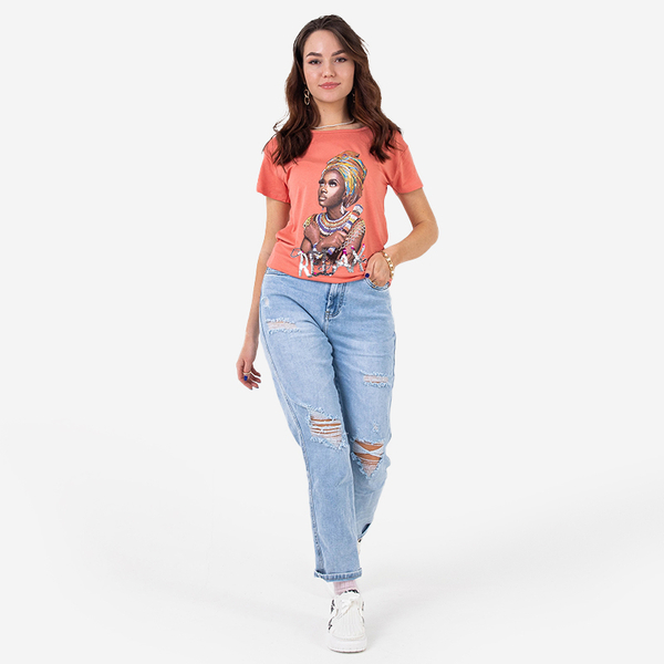 Royalfashion Pomarańczowy damski t-shirt z kolorowym printem i cekinami