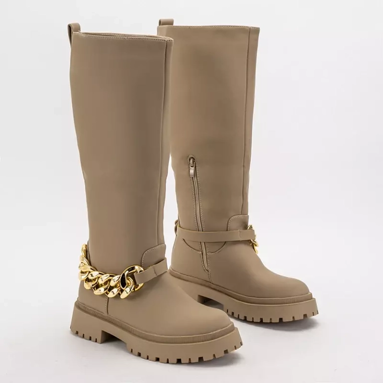 OUTLET Beżowe damskie kozaki do kolana Filusio - Obuwie