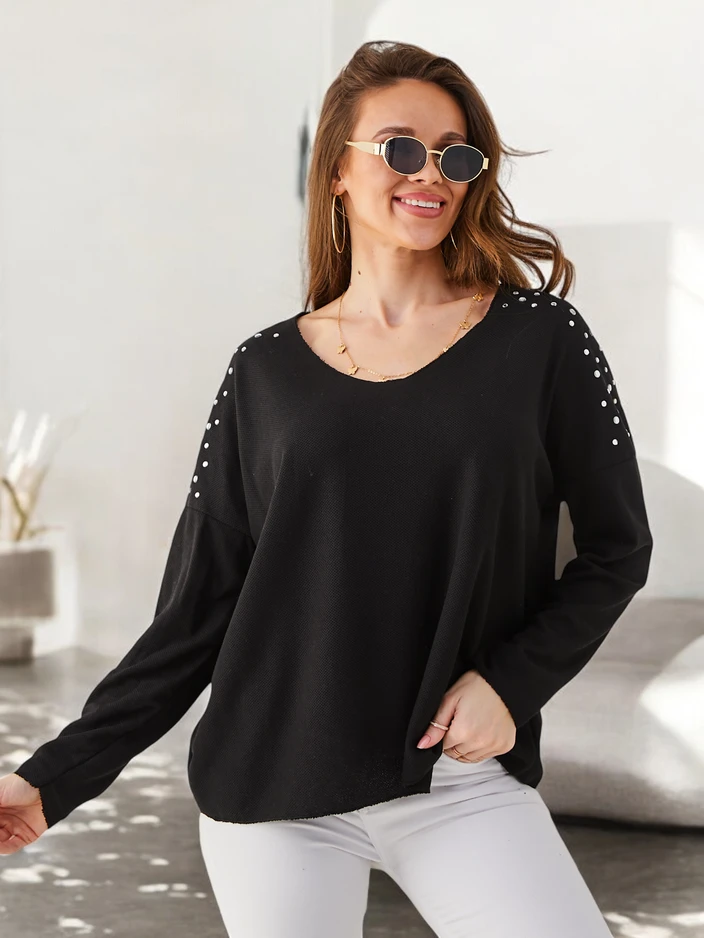 Royalfashion Ženski tanek viskozni pulover z diamanti na ramenih