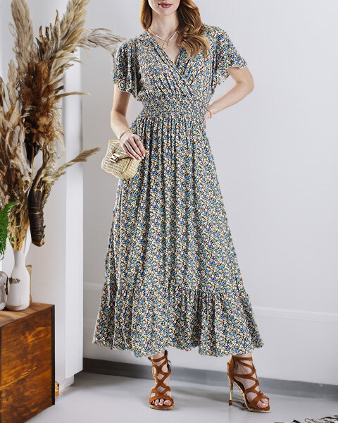 Royalfashion Kwiecista damska sukienka midi w kolorze zielonym