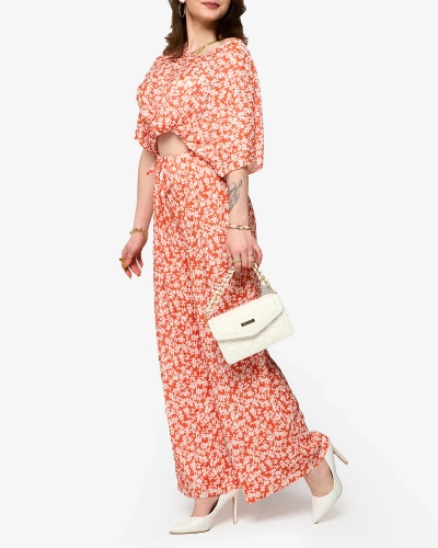 Royalfashion Pomarańczowy damski plisowany komplet w kwiatki