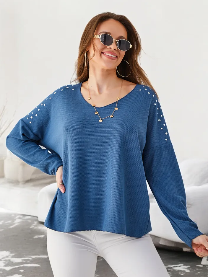 Royalfashion Ženski tanek viskozni pulover z rhinestones na ramenih
