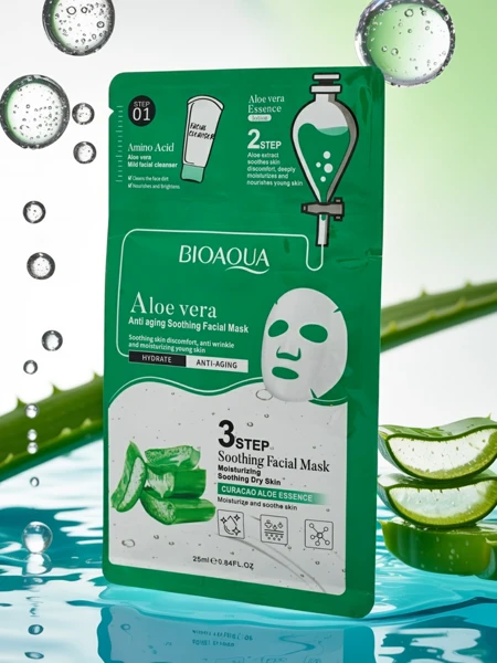 3v1 maska - 1 čiščenje obraza, 2 serum, 3 vlažilna maska, pomirjujoča z aloe vero