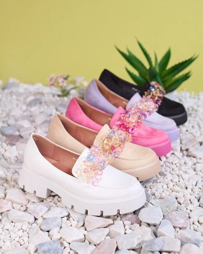 OUTLET Royalfashion Fioletowe damskie mokasyny z kolorowymi kryształkami Crystal Glam