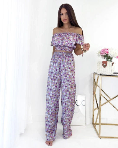 Royalfashion Fioletowy dwuczęściowy damski komplet w kwiatki