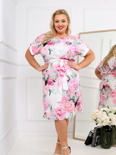 Royalfashion Ženska obleka do kolen s kratkimi rokavi in rožnatim trakom