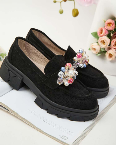 Royalfashion Črni ženski mokasini s pisanimi kristali Glam