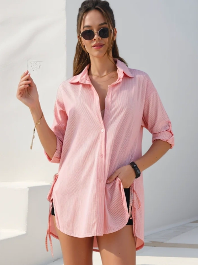 Royalfashion Dolga bombažna ženska srajca z nataknjenimi trakovi in pasom