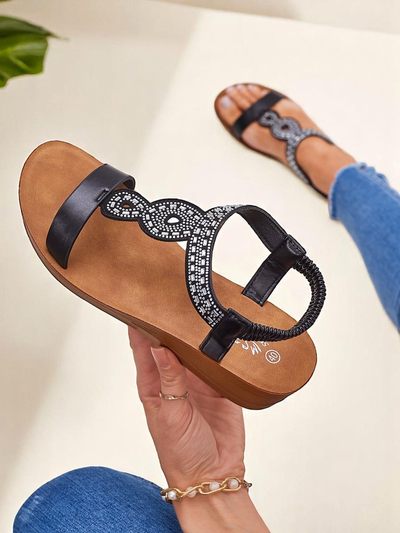Sandali s polno peto Perseida Royalfashion črni iz eko-usnja s kristali 4,5 cm