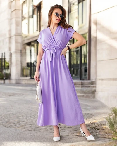 Royalfashion Ženska midi obleka z ovitim dekoltejem, kratkimi rokavi in pasom