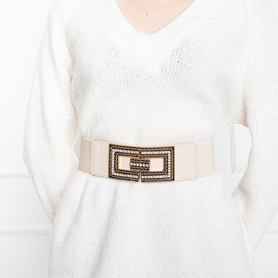 Royalfashion Beżowy damski elastyczny pasek ze złotą klamrą z cyrkoniami