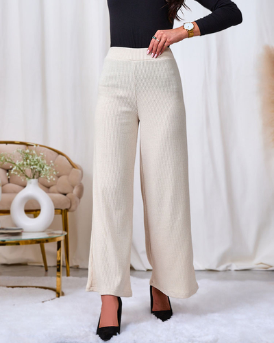 Royalfashion Krem ženske široke rebraste hlače