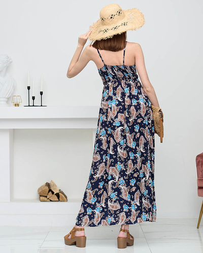 Granatowa zwiewna damska sukienka maxi - Odzież