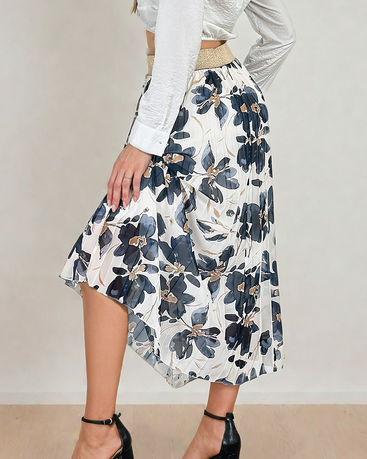 Royalfashion Žensko plisirano cvetlično midi krilo