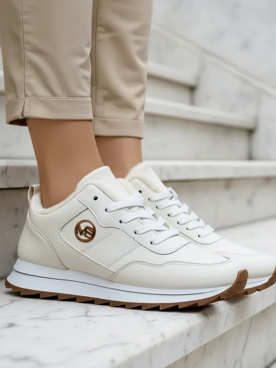 Royalfashion Alba Ženski topli športni copati iz belega ekološkega usnja na platformi