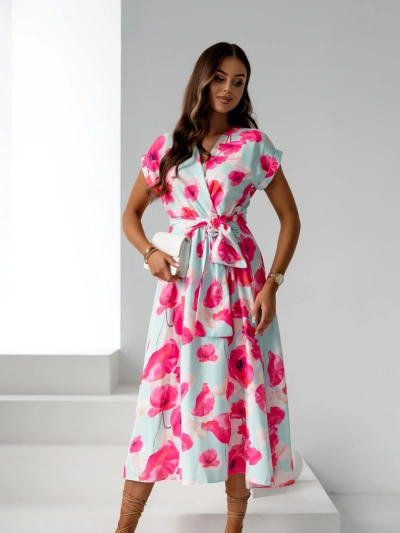 Royalfashion Ženska midi obleka s kratkimi rokavi, z ovitkom in spomladanskimi cvetlicami