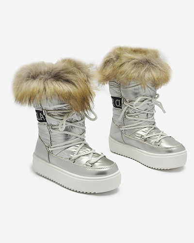 Royalfashion Srebrne dziecięce wsuwane buty a'la śniegowce z futerkiem Asika