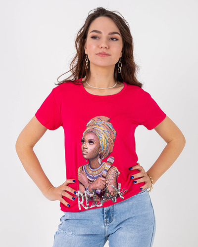 Royalfashion Fuksjowy damski t-shirt z kolorowym printem i cekinami