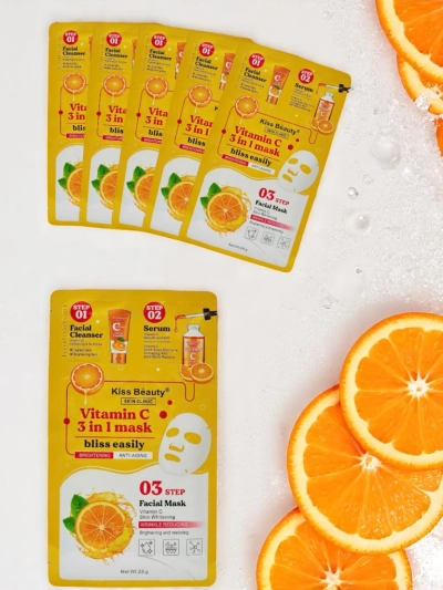 3-v-1 maska – 1 čiščenje obraza, 2 serum, 3 osvetljevalna maska z vitaminom C