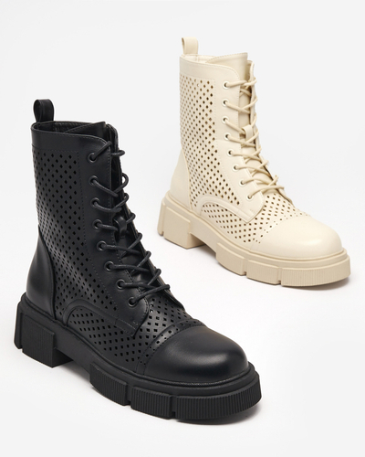 Ażurowe beżowe damskie botki na płaskim obcasie Rolika - Obuwie