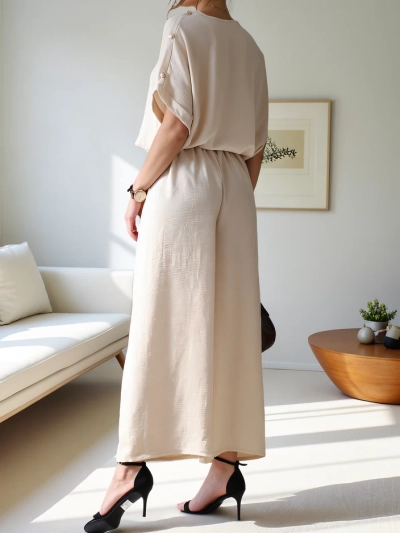 Royalfashion Ženski casual komplet s kratkimi rokavi in širokimi hlačami