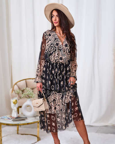 Royalfashion Črno-bela mrežasta midi obleka s potiskom