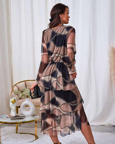 Royalfashion Črna in svetlo rjava mrežasta midi obleka s potiskom