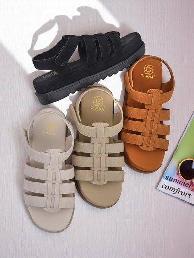 Sandali Royalfashion - Bež semiš Caligae na platformi - Idealni za poletje in pomlad