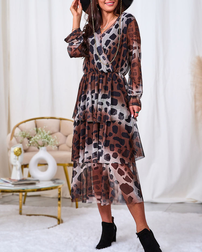 Royalfashion Črno-rjava mrežasta midi obleka s potiskom