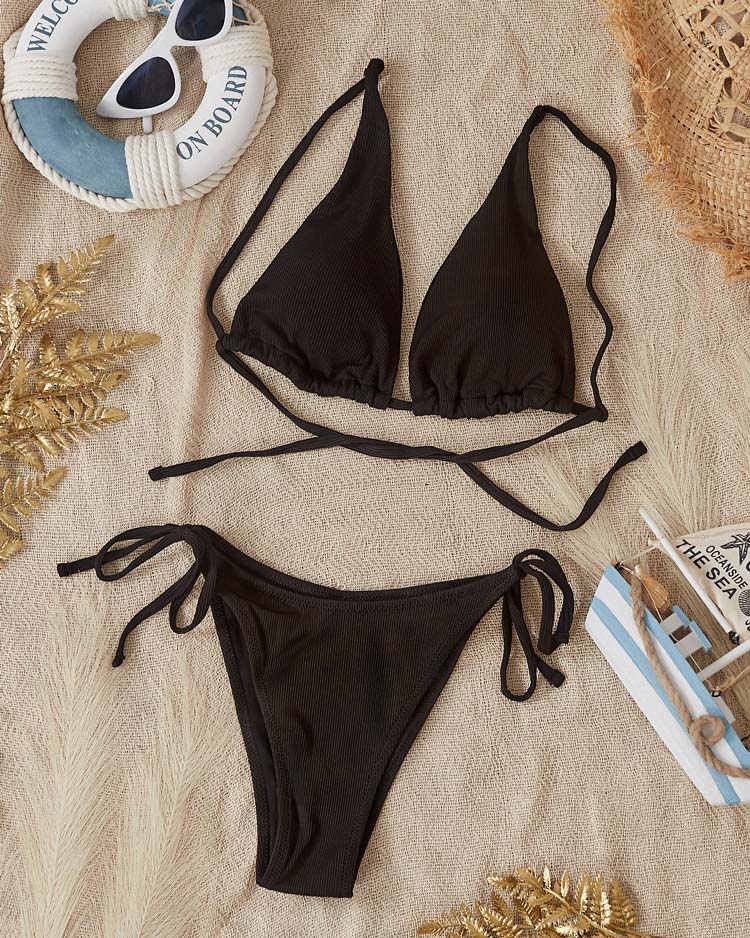 Czarny prążkowany dwuczęściowy strój kąpielowy damski PLUS SIZE - Bielizna