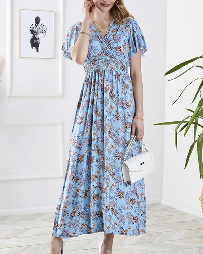 Royalfashion Niebieska damska długa sukienka w kwiaty