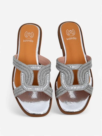 Srebrni sandali Royalfashion Ariadne - ravna peta, ekološko usnje