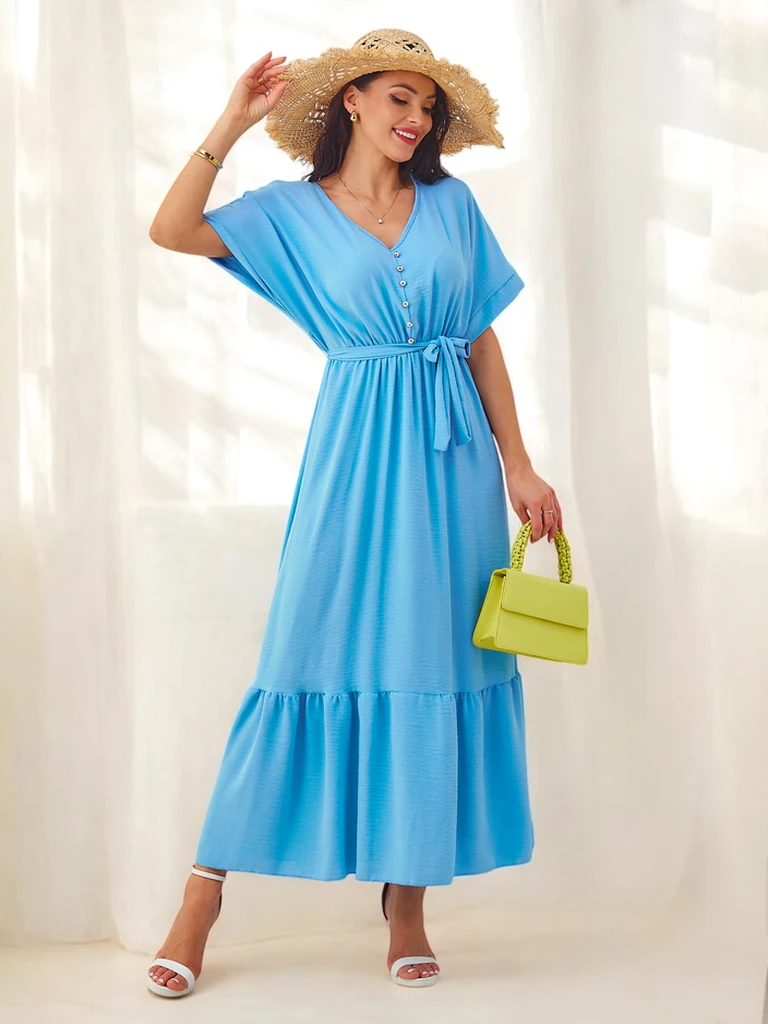 Royalfashion Ženska midijaka obleka s kratkimi rokavi in dekorativnimi gumbi