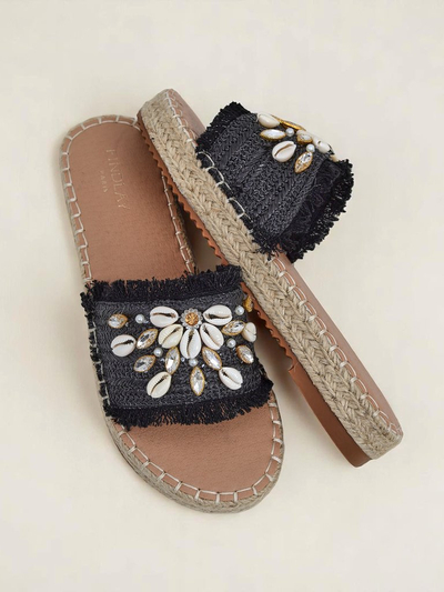 Ženski sandali Royalfashion Helena Decor črni espadrile s školjkami