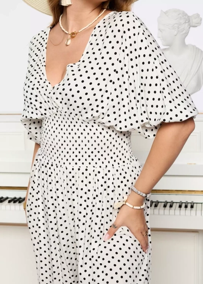 Royalfashion Biały długi kombinezon damski w groszki