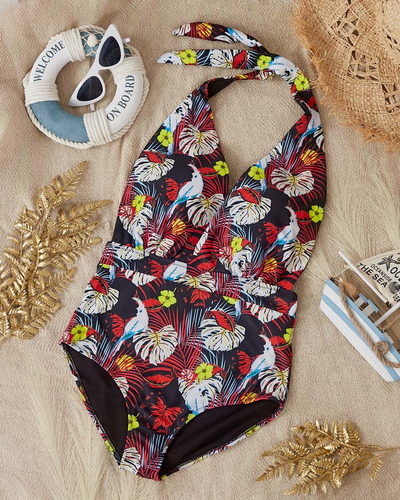 Czarno-żółty damski wzorzysty jednoczęściowy kostium kąpielowy - Odzież