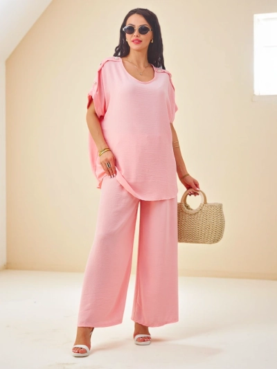 Royalfashion Ženski bombažni komplet s kratkimi rokavi in širokimi hlačami