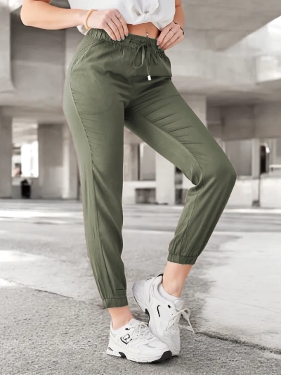 Hlače Raffaello Khaki Dolge Iz Tkanine Lyocell