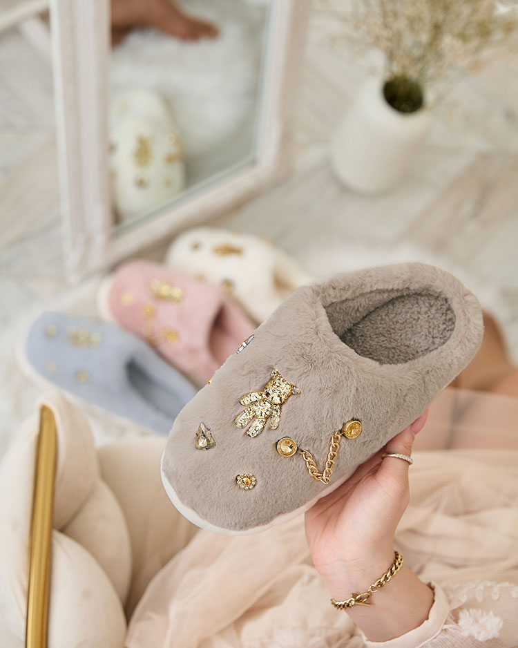 Royalfashion Sivi ženski krzneni copati z okraski Erserra