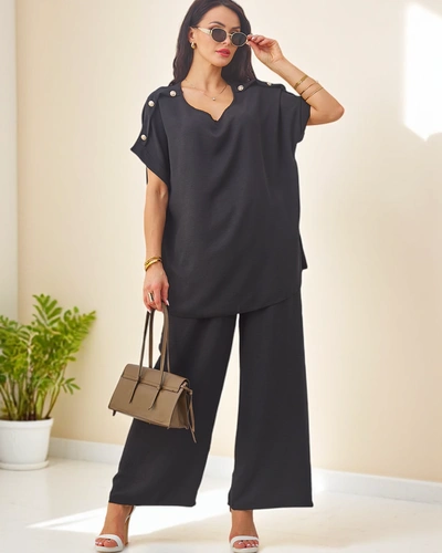 Royalfashion Ženski bombažni komplet s kratkimi rokavi in širokimi hlačami