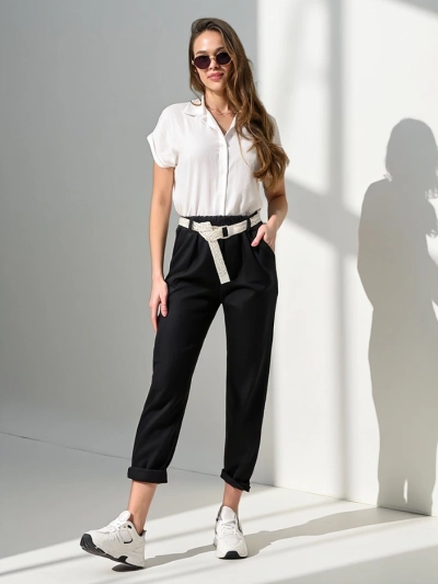 Royalfashion Ravne hlače za ženske z pasom