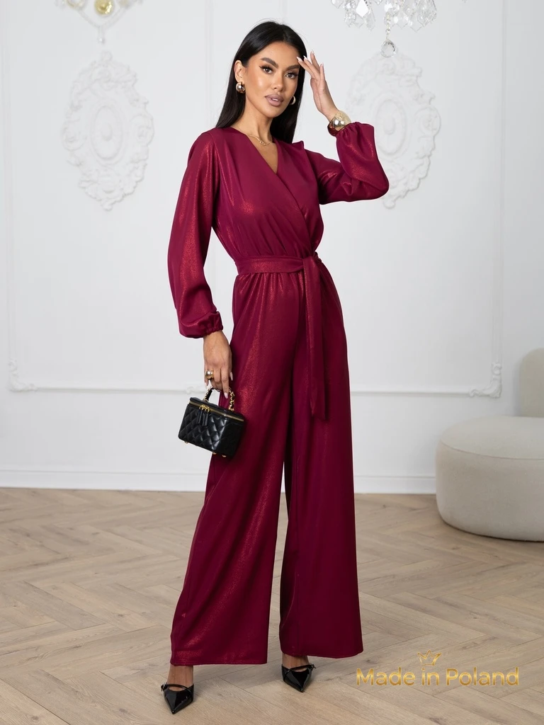 Ženski kombinezon 'Valentina' bordo z dolgimi rokavi in širokimi hlačnicami