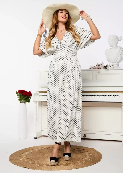 Royalfashion Biały długi kombinezon damski w groszki