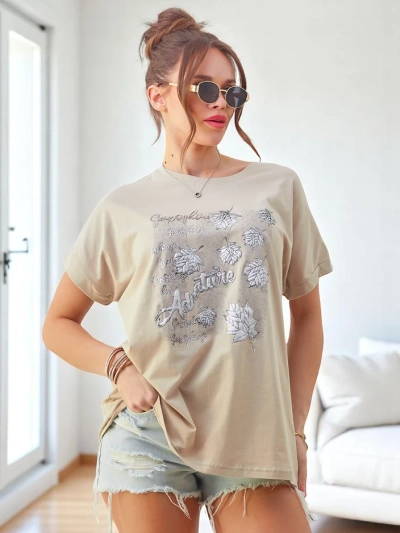 Royalfashion Ženska bombažna majica z listnatim potiskom