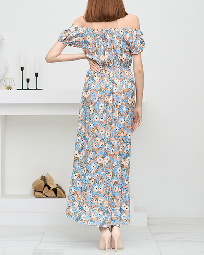 Długa letnia pomarańczowa sukienka damska w niebieskie kwiaty- Odzież