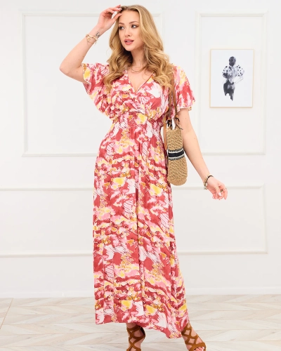Royalfashion Czerwona damska długa sukienka z modnym wzorem