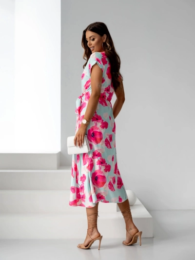 Royalfashion Ženska midi obleka s kratkimi rokavi, z ovitkom in spomladanskimi cvetlicami