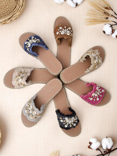 Ženski sandali Royalfashion Helena Decor črni espadrile s školjkami